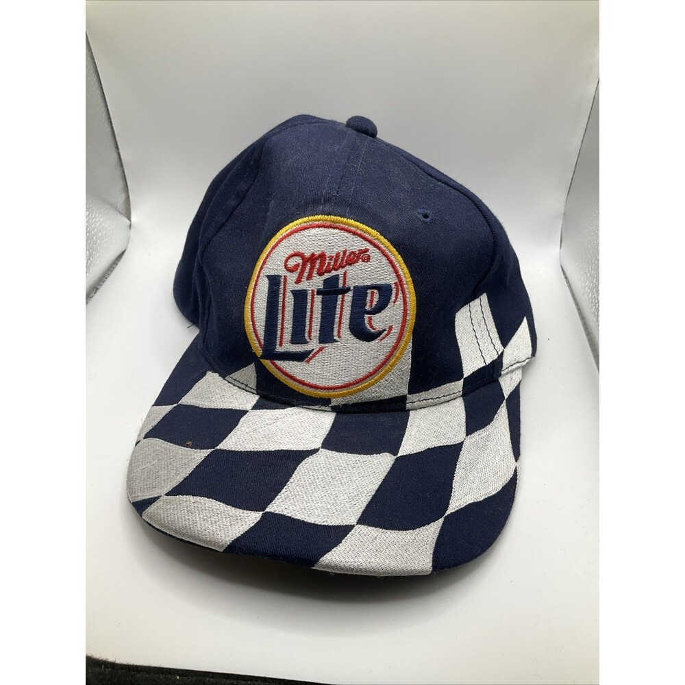 Miller Lite NASCAR #2 Navy Blue Black White Check SnapBack Cap VTG Embroidered